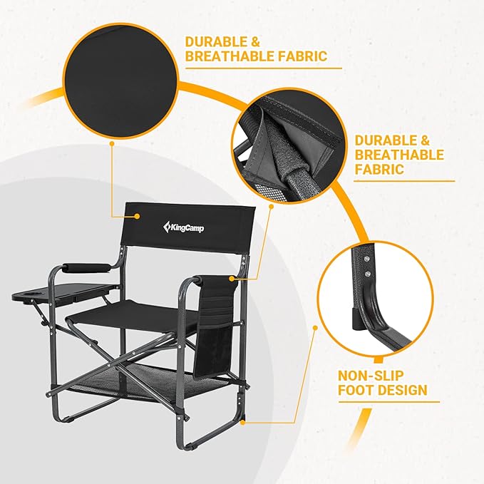 KingCamp Directors Chair with Side Table Folding Camping Chairs for Adults with Storage Pockets Breathable for Outside Camping Lawn Picnic Beach &amp Fishing (Black)