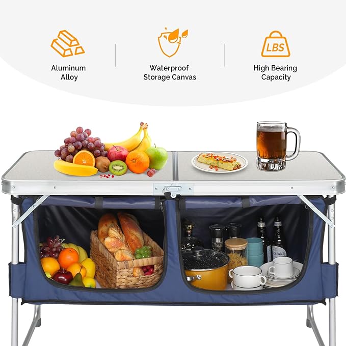 WEI WEI GLOBAL Outdoor Folding Table - Camping Table with Storage Compartment - Lightweight Aluminum Table - White