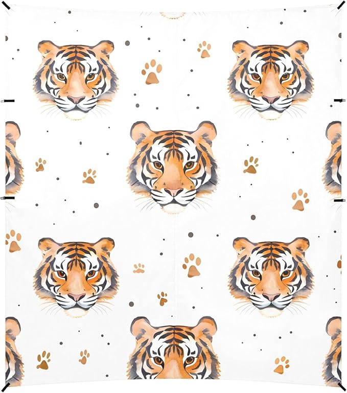 White Background Tiger Faces Paw Prints Pattern Camping Sun Shelter Beach Tent Portable Beach Sun Shade Outdoor Canopy for Camping Trips Fishing Picnic