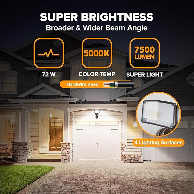 LUTEC 2 Pack 72W 7500LM LED Security Lights Motion Sensor Light Outdoor 5000K Daylight IP65 Waterproof Dusk to Dawn 3-Head Motion Detected Flood Light for Garage Yard Porch(Brown)
