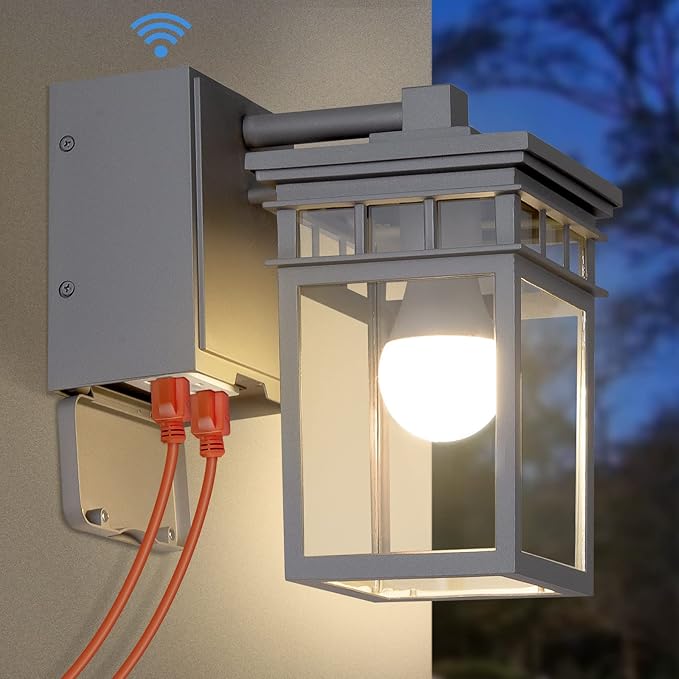 Outdoor Porch Light with GFCI Outlet Built in Dusk to Dawn Outdoor Lighting with Clear Glass Shade Waterproof Outdoor Wall Sconce Exterior Lights for House Garage Front Door Bulb Included(Gray)