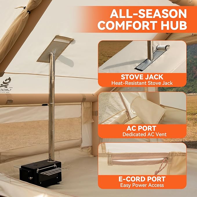 4 Person Inflatable Tent with Stove Jack &amp Canopy 4 Season Glamping Air Tent with Panoramic Skylight AC &amp Power Port Waterproof Blow Up Tent House for Camping Easy Setup