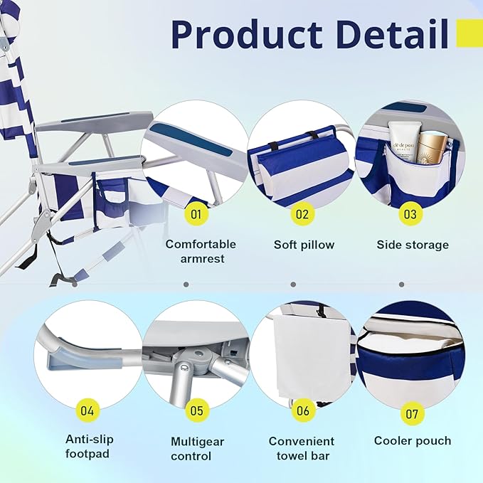 Folding Beach Chair Oxford Cloth Beach/Outdoor Picnic Camping Game Adjustable Lightweight Space Saving Blue White