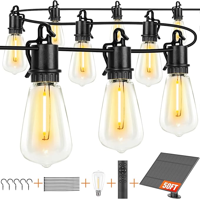 50FT Solar String Lights Outdoor with Remote IP65 Waterproof Shatterproof ST38 LED Bulbs 2700K Dimmable Outside Hanging Lights for Patio Garden Camping Deck Backyard Decor