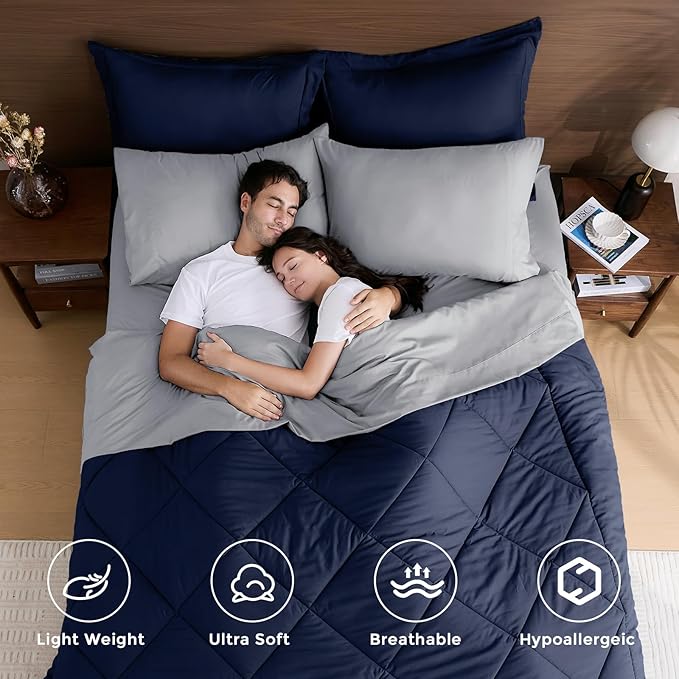 HEVUMYI King Comforter Set - 7-Piece All Season Bed in a Bag King Ultra Soft Bedding Set with Comforter Flat Sheet Fitted Sheet Pillowcases Pillow Shams Navy Blue &amp Light Grey