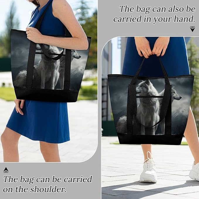 Insulated Shopping BagLarge Reusable Cooler Bags Wolf at Night Printed Foldable Shopping BagTravel Waterproof Shoulder Bag