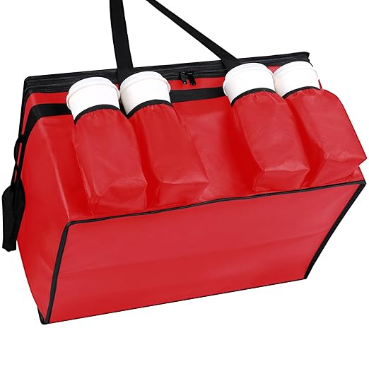musbus Insulated Food Delivery Bag with Cup Holders/Drink Carriers Premium XXL Great for Beverages Grocery Pizza Commercial Quality Hot and Cold Red-bt 23W * 14D* 15H cup sleeve insulation