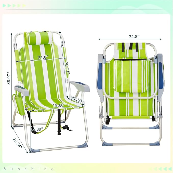 2 Pack Tall Beach Chairs for Adults 5-Position Reclining Backpack Beach Chair with Cooler Pouch Portable Lightweight Folding Aluminum Beach Chair with Cup Holder Supports 220lbs Green Stripes