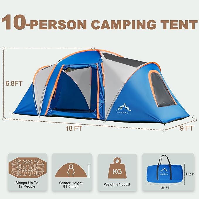 Tents for Camping Waterproof 10 Person Family Tent with Double Layer &amp 4 Large Mesh Windows Weather Resistant Easy Setup 2 Room Big Tent for Music Festival Parties 18 X 9 X 6.8Ft