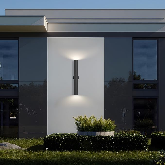 LamQee 28 Long Up and Down Outdoor Wall Light 3000K Integrated LED Modern Exterior Sconces Fixtures in Anti-Rust Cylinder Waterproof IP65 Outside Lighting Wall Mount for House Porch Garage Black