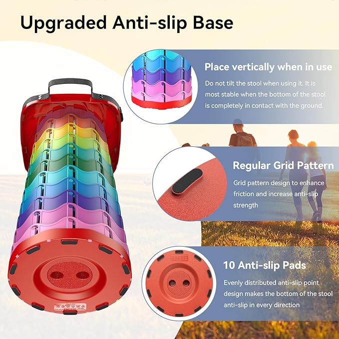 Upgraded Collapsible Stool Portable Folding Stool Telescoping Camping Chair with Max Load Capacity 485lbs Square Retractable Stool for Camping Gardening Fishing Hiking BBQ [Rainbow+Red]