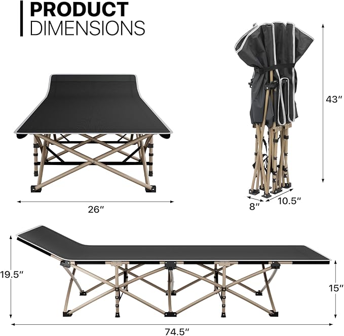 MoNiBloom Folding Sleeping Cot for Adults Easy to Set Up Portable &amp Lightweight Camping Cot for Outdoor Camping Lounging and Elevated Napping Support 360 lbs Black