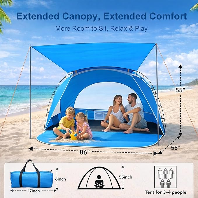 Beach Tent Portable Sun Shelter for 2/3/4/6-8 Person with UPF 50+ UV Protection Easy Setup Waterproof Beach Shade Canopy Cabana for Family Outdoor and Picnics Fishing with Carrying Bag