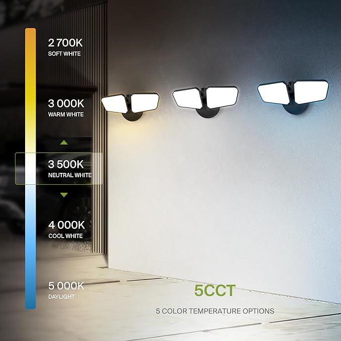 ASD LED Security Flood Lights Outdoor 20W 5CCT 2700K-5000K Rotatable Heads Wired Flood Light 150° Side-to-Side 180° Up and Down IP65 for Wet Locations UL DLC Premium 145000 hr Lifespan Black