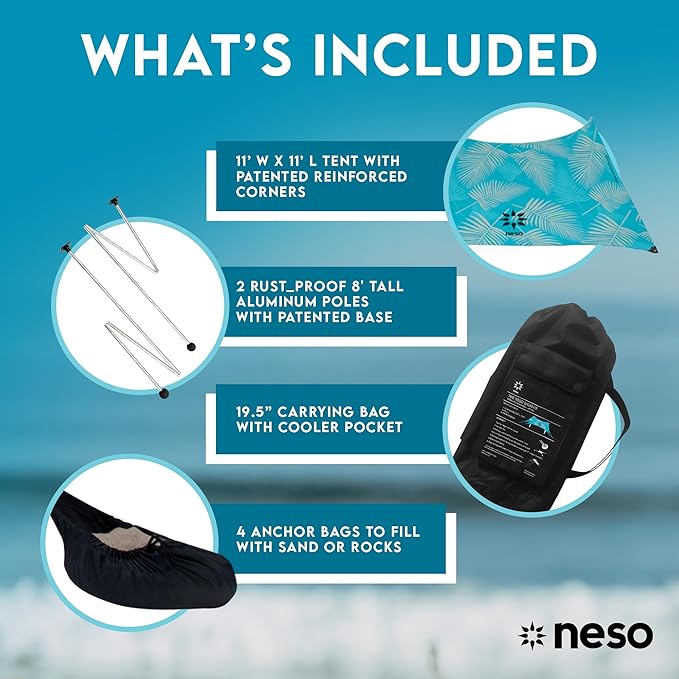 Neso Gigante Portable Beach Tent Sun Shelter - Lightweight Beach Shade Canopy - Easy Setup for Family Outings - Patented Reinforced Corners - UPF 50+ - 8ft Tall 11 x 11ft - Aqua Fronds