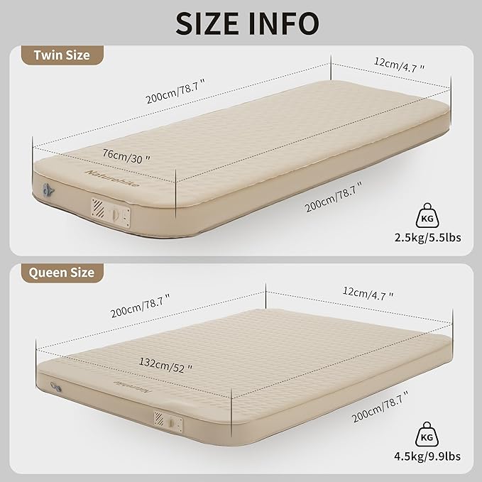 Naturehike 4.7’’ Thick Self Inflating TPU Sleeping Pad with Built in Electric Pump Double Foam Camping Mattress 2 Person Camping Sleeping Pad for Tent Car Truck