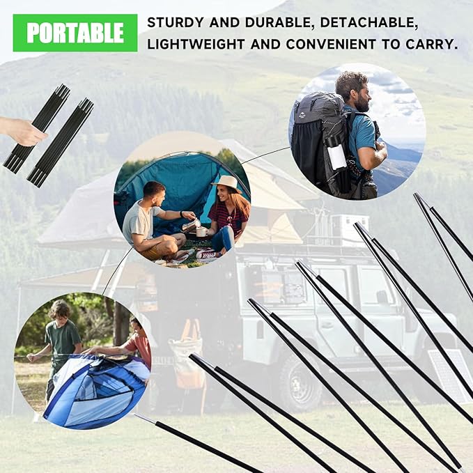 2PCS 20Feet Length Tent Poles Glass Fiber Black Straight 9.5mm Diameter 15 Sections Suitable for 4-5 Person Tents Replacement Poles Awning Brackets Tarps Shelters Awnings