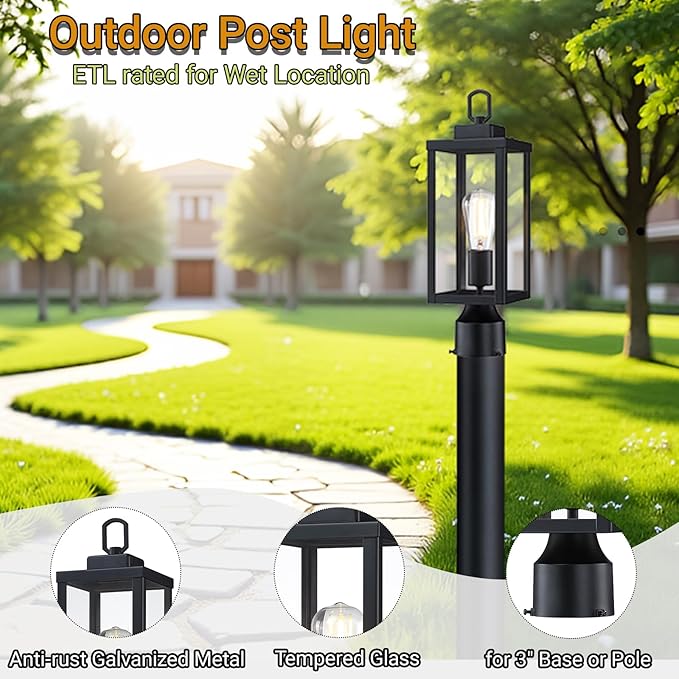 GRUENLICH Outdoor Post Lighting Fixture Pole Lantern E26 Medium Base Max 60W Metal Housing Plus Glass Matte Black Finish Bulb Not Included 1 Pack