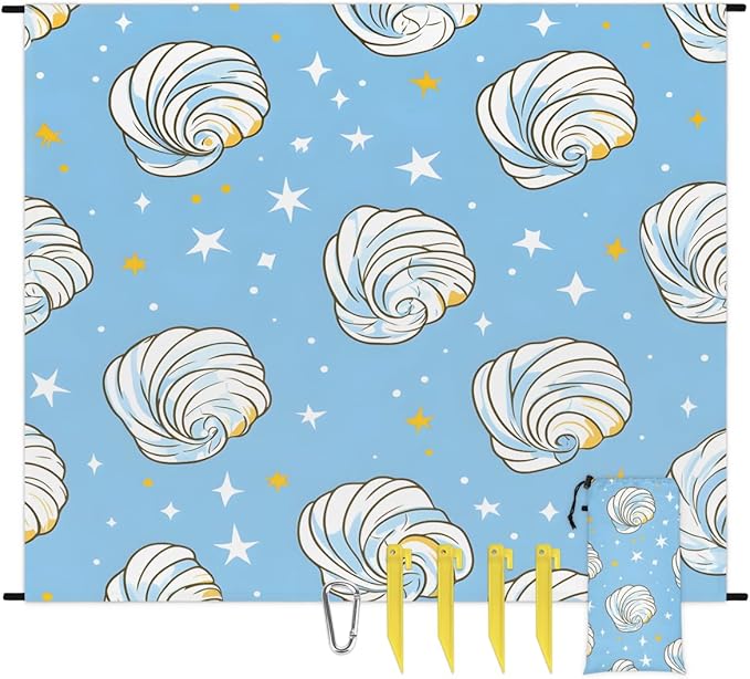 Waterproof Sandproof Beach Blanket 59''×68'' White Shells Polyester Outdoor Picnic Blanket with 4 Stakes &amp Storage Bag for BeachCampingVacation Blue