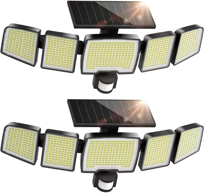 UME Solar Outdoor Lights 620 LED 4500LM IP65 Waterproof Motion Sensor Outdoor Lights 5 Heads Solar Security Flood Light 270 Wide Lighting Angle with 3 Modes for Garden Patio Yard - 2 Pack