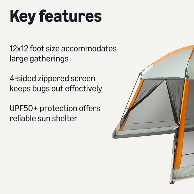 Amazon Basics Screened Canopy Tent 12 x 12 ft with Zippered Enclosure UPF50+ Sun Protection Bug-Free Outdoor Shelter for Camping Parties and Events