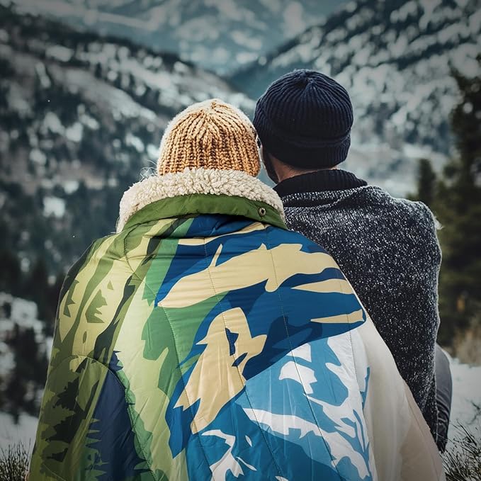Outdoor Camping Blanket with Sherpa Lining Extra Warm Thick Camp Blankets and Puffy Ultralight Soft Poncho DWR Camping Quilt for Cold Weather Adventure Sleeping Backpacking 78x 56