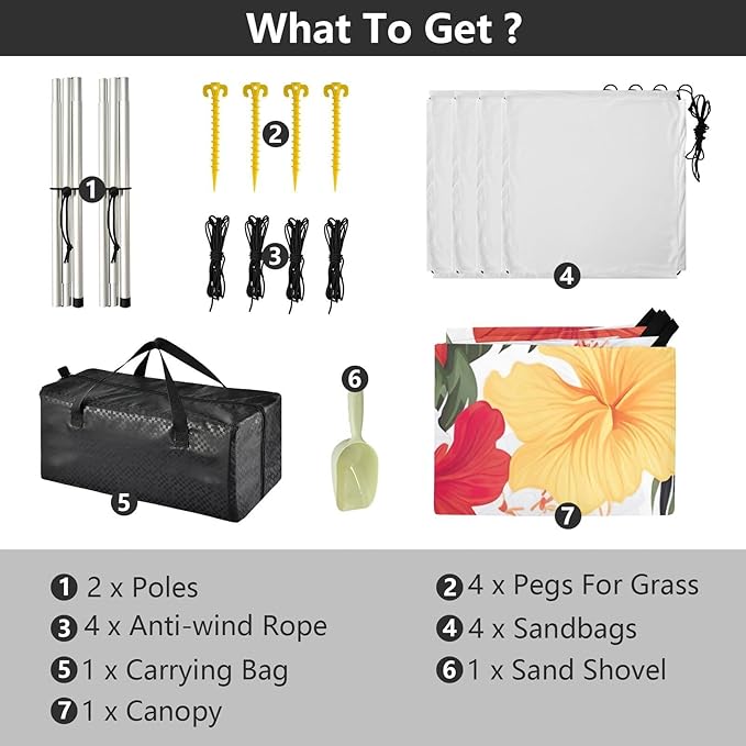 Yellow Red Hibiscus Beach Tent Sun Shelter 9.2' x 10.5' Beach Canopy with 4 Sandbags 4 Stability Poles Sand Shovels - Tent Canopy for Beach Camping Fishing Picnics