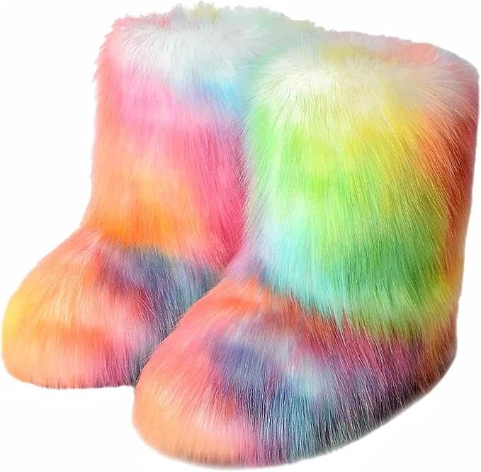 Womens Furry Faux Fur Booties Winter Warm Snow Ankle Boots Fuzzy Fluffy Furry Mid Calf Boots Outdoor Comfy Flat Shoes