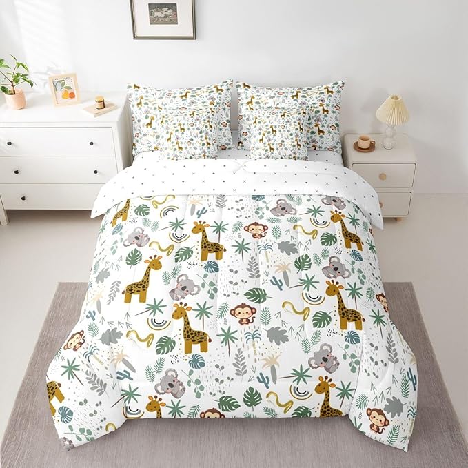 Cute Giraffe Monkey Comforter Set with SheetsPillowcases &amp Cushion Cover Zoo Animal 7 Piece Bedding Set for Kids Boys Girls Teens Room Decor Cartoon Animal Bed in a Bag Full Size Wildlife Microfi
