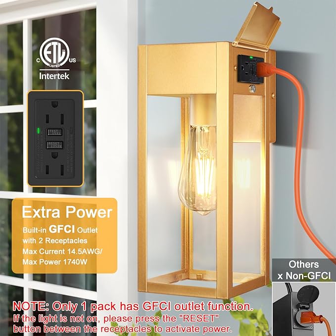 2 Pack Porch Lights Outdoor Wall Sconce Outdoor Light with GFCI Outlet Waterproof Exterior Wall Lantern Light Fixtures Anti-Rust Wall Lamp with Clear Glass for Patio Doorway Garage- Gold