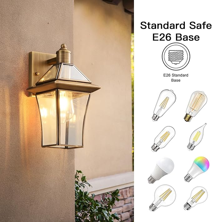 Waterproof Brass Outdoor Wall Lanterns (2-Pack) - E26 Socket &amp Glass Shade Exterior Wall-Mounted Lights Rustproof Modern Sconces for Front Door Porch Yard &amp Entryway