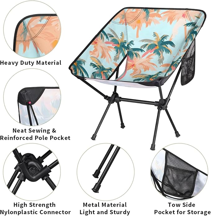 Honeybaby Folding Camping Chair Palm Tree Print Camping Chairs Lightweight Portable Chair Outdoor Foldable Chairs for Camping Travel Picnic Beach Hiking