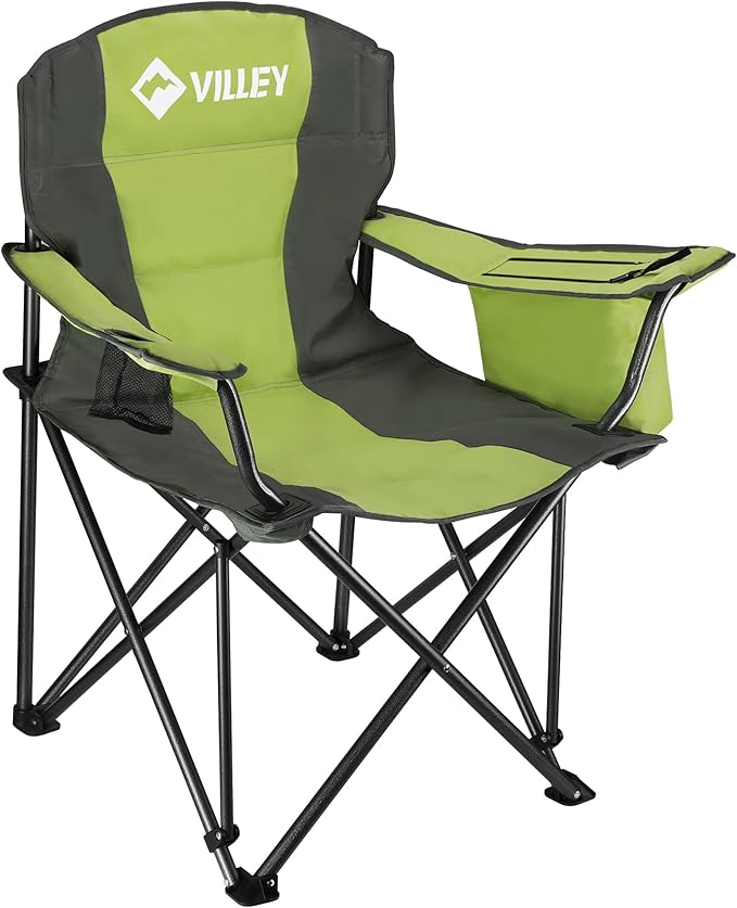 VILLEY Camping Chair Oversized Folding Camp Chair Portable Outdoor Chairs Support 400 LBS with Padded Seats Cooler Bag Cup Holder Carry Bag Green