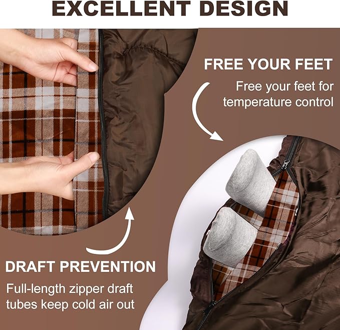 XL Queen Size 2 Person Double Sleeping Bag for Adults Lightweight Compact with Flannel Liner &amp Thermolock Draft Tube Machine Washable All Season Camping Travel