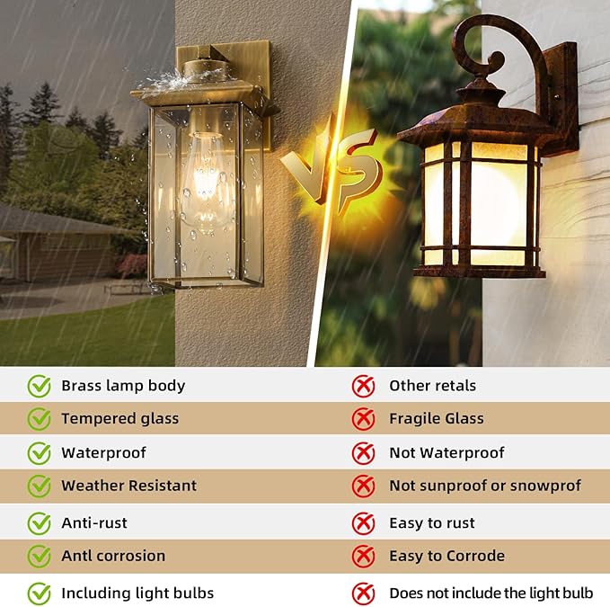 Brass Outdoor Wall Light Fixtures Exterior Waterproof Lanterns Porch Wall-Mounted Lights with E26 Socket and Glass Shade – Modern Rustproof Wall Sconces for Yard Front Door &amp Entryway.2-Pack