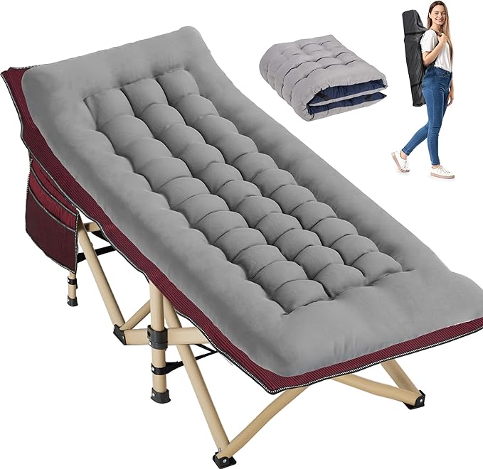 Folding Camping Cot for Sleeping Portable Cots for Adults Heavy Duty Cot Bed 550LBS(Max Load) Extra Wider Cots with Large Pocket for Outdoor Office Beach