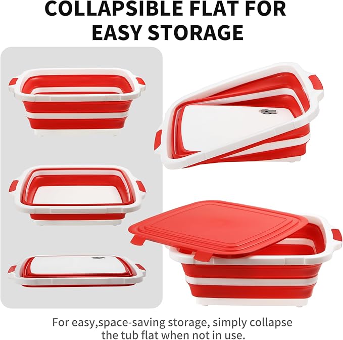 Collapsible BBQ Prep Tub for Meal Prep MarinatingFood Storage picnics camping barbecuescutting fruits and vegetables - Includes Cutting Board and Locking Lid(X-Large) Red