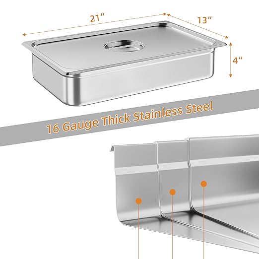 6 Pack Full Size Hotel Pan Steam Table Pan [NSF Certified][with Lid] Catering Food Pan Commercial Stainless Steel 4 Inch Deep Anti-Jamming