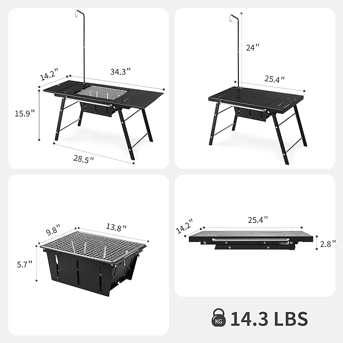 Naturehike Portable IGT Table with Charcoal Grill Folding Camping Table and BBQ Grill with Desk Extension &amp Lantern Stand Perfect for Outdoor Barbecue Camping Cooking Travel Picnic