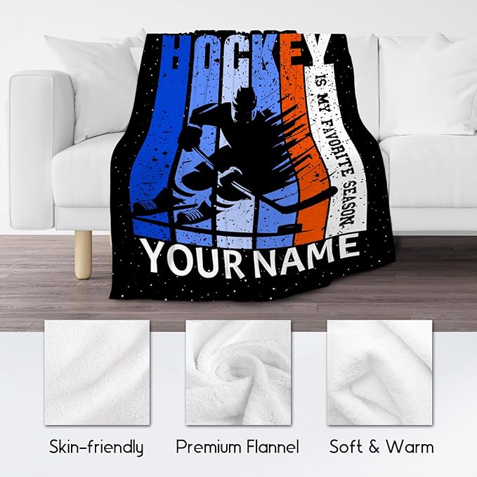 Custom Hockey Gifts for Boys Personalized Hockey Blanket for Kids Men Adults 60x80 Fleece Soft Cozy Sport Throw Blankets for Couch Sofa Team Gifts for Players Adults