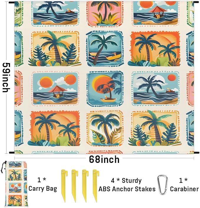 Waterproof Sandproof Beach Blanket 59''×68'' Scenery Mountains Stamps Polyester Outdoor Picnic Blanket with 4 Stakes &amp Storage Bag for BeachCampingVacation White