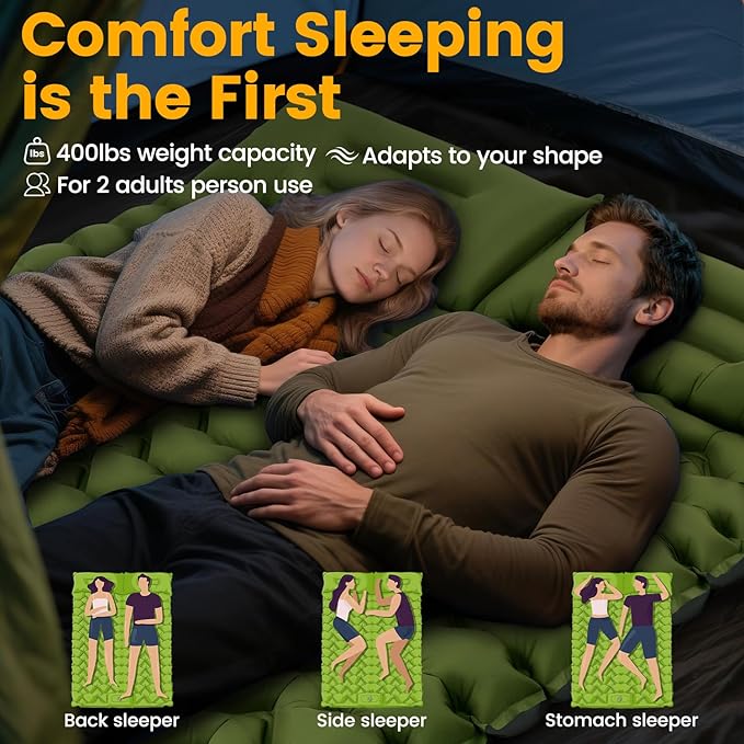 Ultralight Double Sleeping Pad for Camping 4 Thick Inflatable Camping Mat with Built-in Foot Pump &amp Pillow for Backpacking Hiking Travel Tent Car