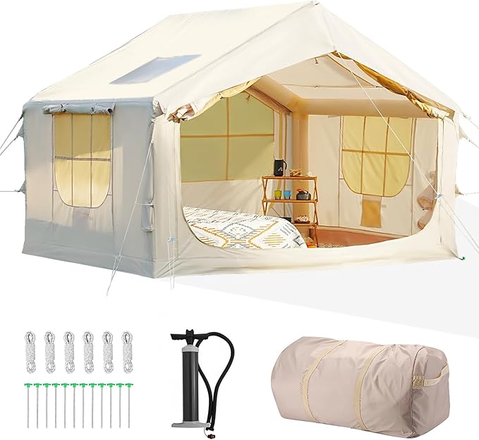 Glamcamp 4-6 Person Inflatable Tent - Quick Setup Air Tent with Stove Jack 420D Oxford (PU2000) 15cm Air Beams 2 Doors &amp Windows