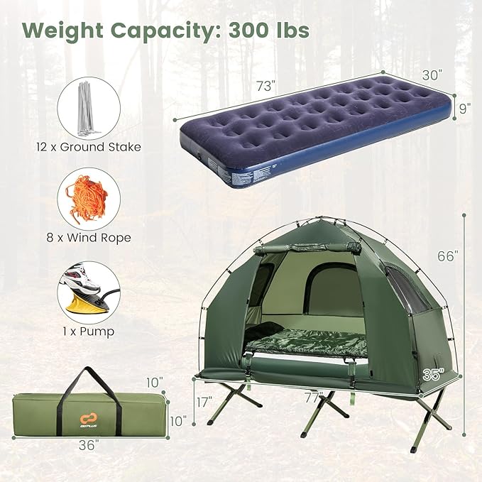 Goplus Camping Tent Cot 5-in-1 Folding Camping Bed with Air Mattress Pillow Sleeping Bag Waterproof Elevated Tent Shelter Portable Outdoor Sleeping Cot with Carry Bag for Picnic Trip