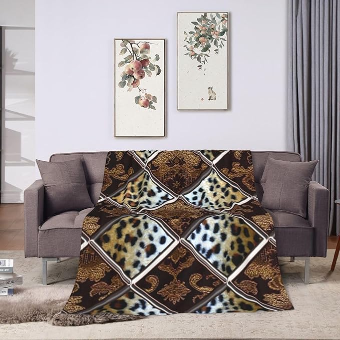 60X50 African Cheetah Patch Quilt Pattern Lightweight Flannel Blanket - Soft and Breathable Polyester Suitable for Travel Camping and Home Decoration