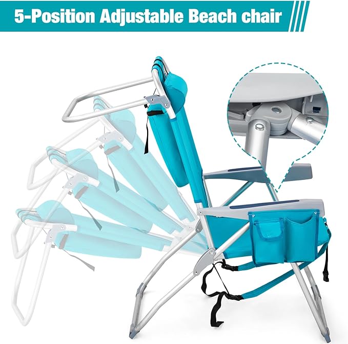 Backpack Beach Chairs Low 5 Position Beach Chair with Pouch Straps Folding Lightweight Reclining Aluminum Lay Flat Single (Mint Green High)