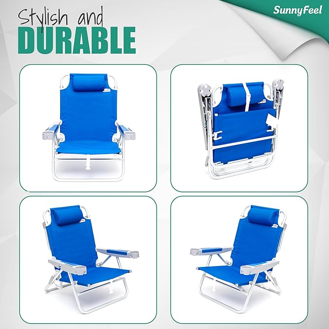 SUNNYFEEL Extra Wide 28 Low Beach Chair 5 Position Lay Flat XL Oversized Portable Folding Camping Chairs with Cup Holder for Outdoor/Trip Lightweight Foldable Backpack Beach Chair for Adults