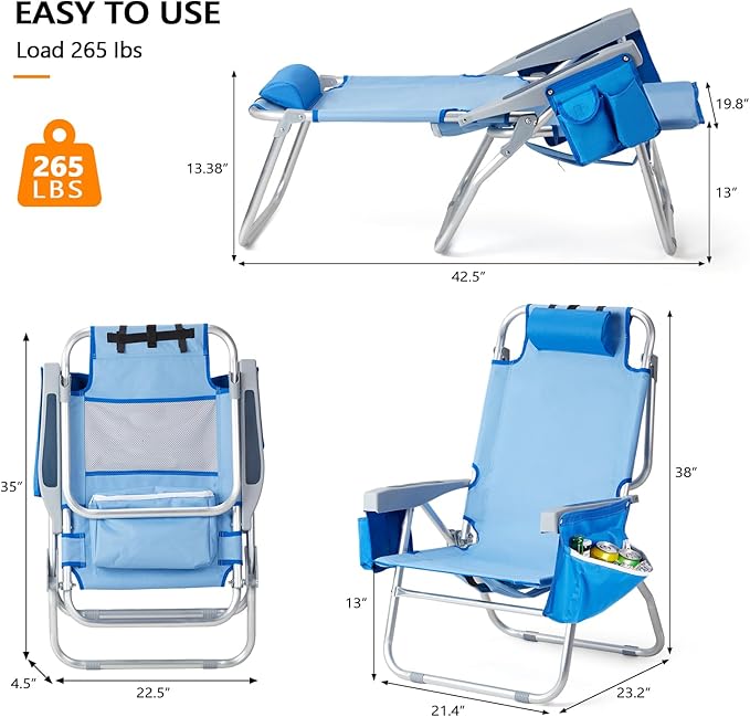 VINGLI Backpack Beach Chair 2 Pack with 5-Position Cup Holders Cooler Bag Towel Bar Lightweight Folding Beach Camping Chairs for Adults(Blue-13)