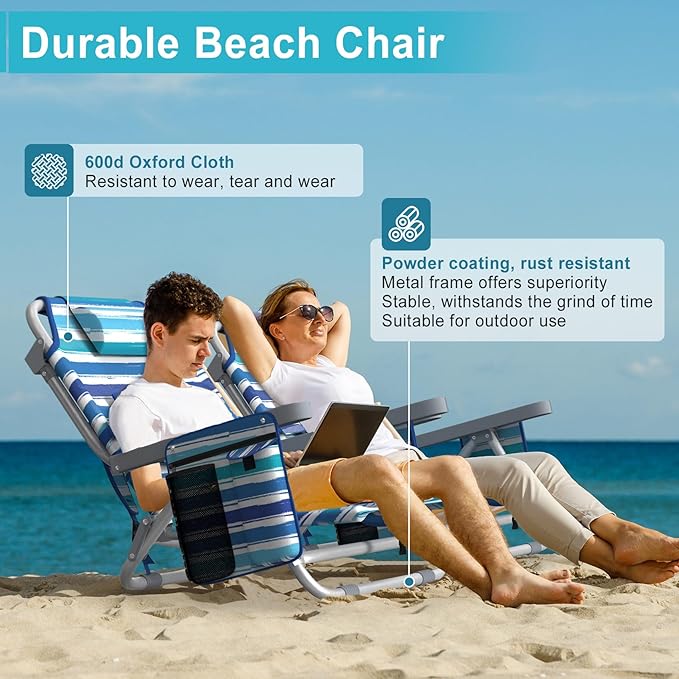 Suteck Beach Chair Adjustable 5-Position Backpack Beach Chairs for Adults Kids Foldable Lay Flat Chair with Cooler Bag Cup Holder and Lumbar Pillow Reclining Lay Down Chairs for Lawn Outdoor