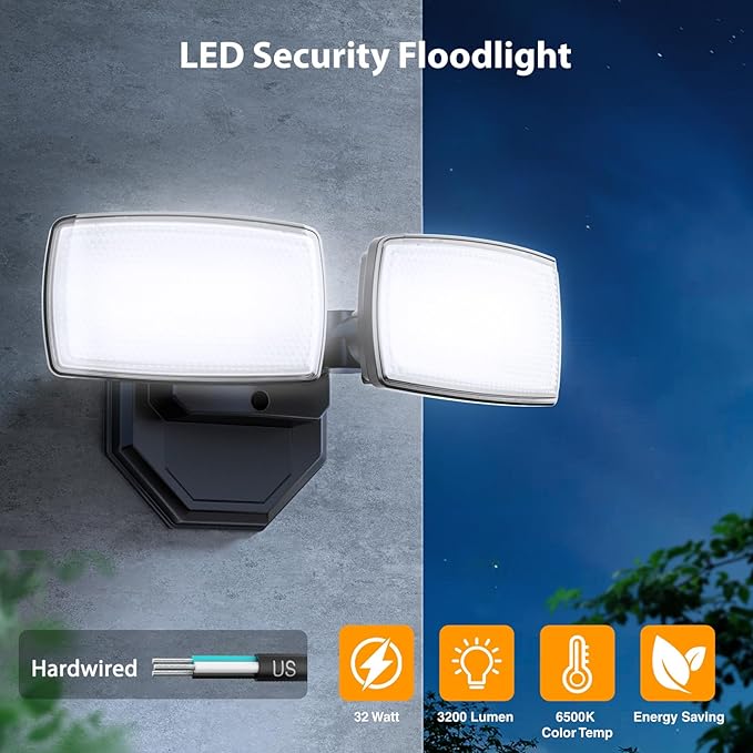 Onforu 3200LM Flood Lights Outdoor 32W 6500K LED Security Light Manual Switch Controlled IP66 Waterproof Outdoor Lights Wall Mount Exterior Flood Light with 2 Adjustable Heads Floodlights Outside